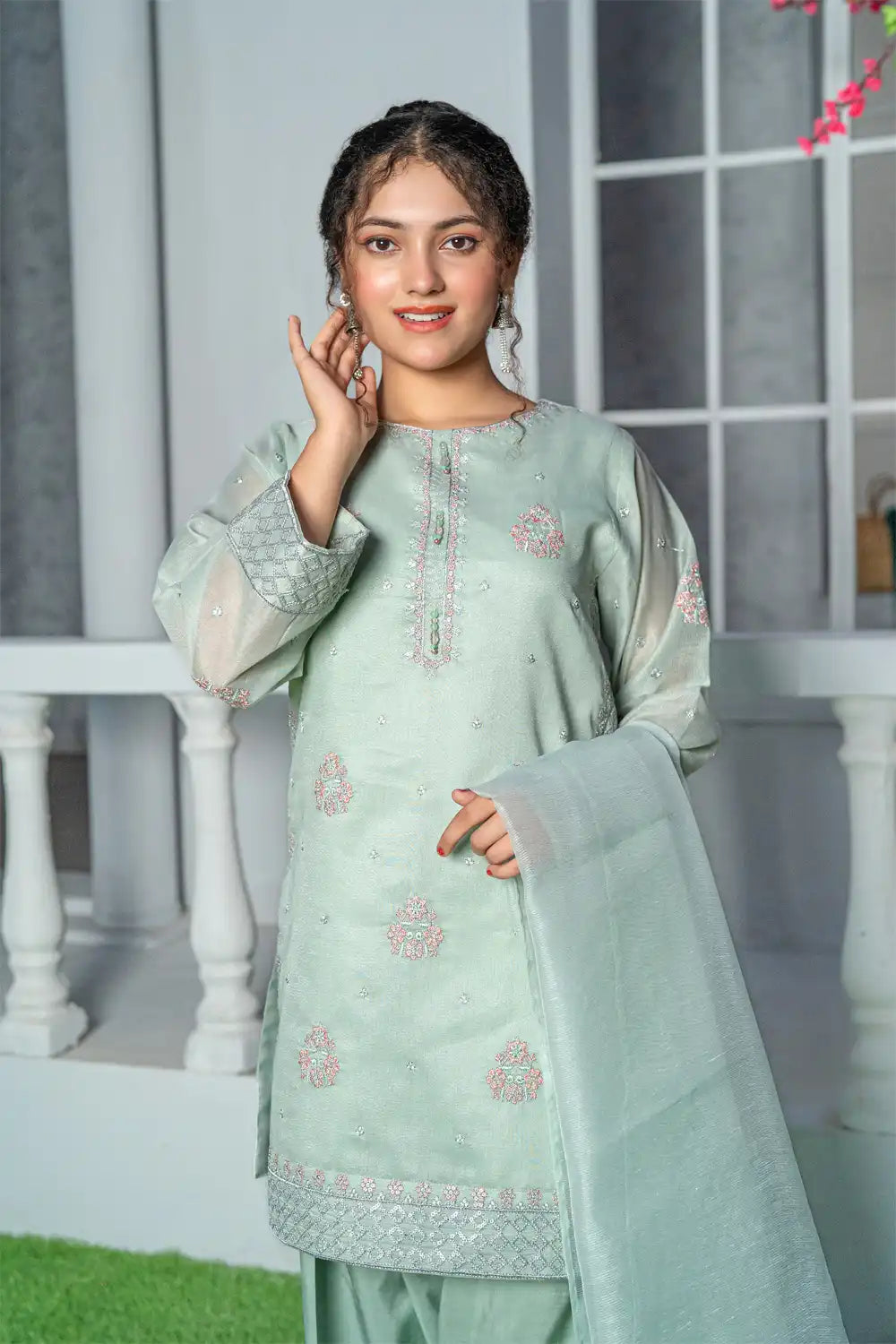 3 Piece Shirt with Farshi Shalwar Mint Green Embroidered T-FORT-005