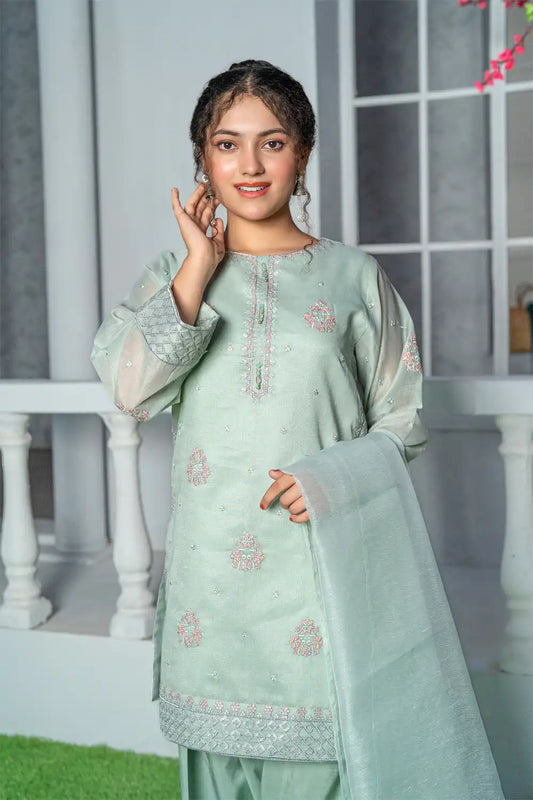 3 Piece Shirt with Farshi Shalwar Mint Green Embroidered T-FORT-005