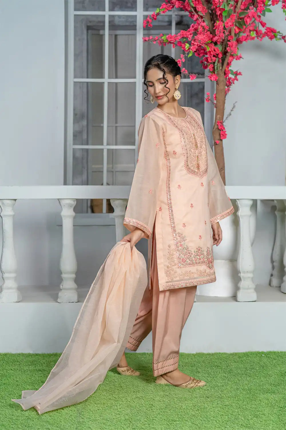 3 Piece Suit Embroidered Indian Zari Organza T-FORT-006