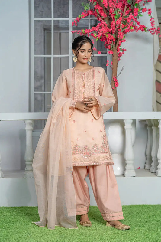 3 Piece Suit Embroidered Indian Zari Organza T-FORT-006