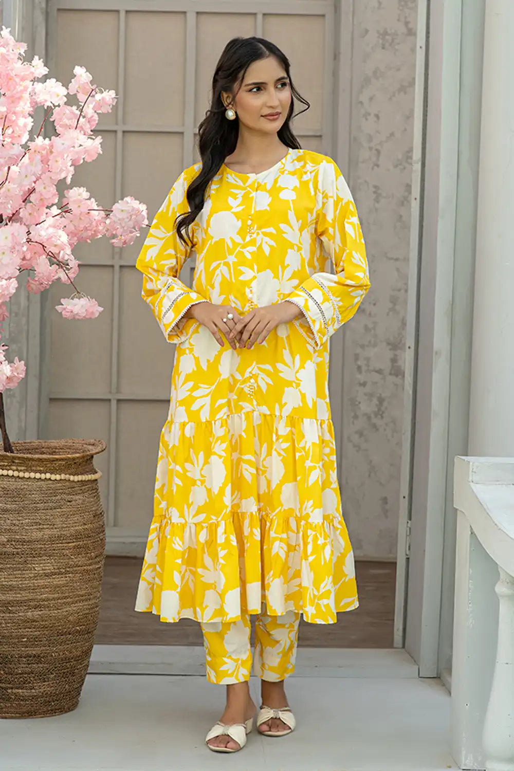 2 Piece Yellow Digital Printed Silk Maxi Elegant Outfit T-FRK-001
