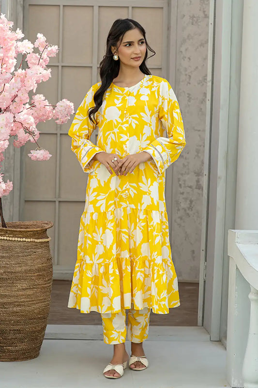 2 Piece Yellow Digital Printed Silk Maxi Elegant Outfit T-FRK-001