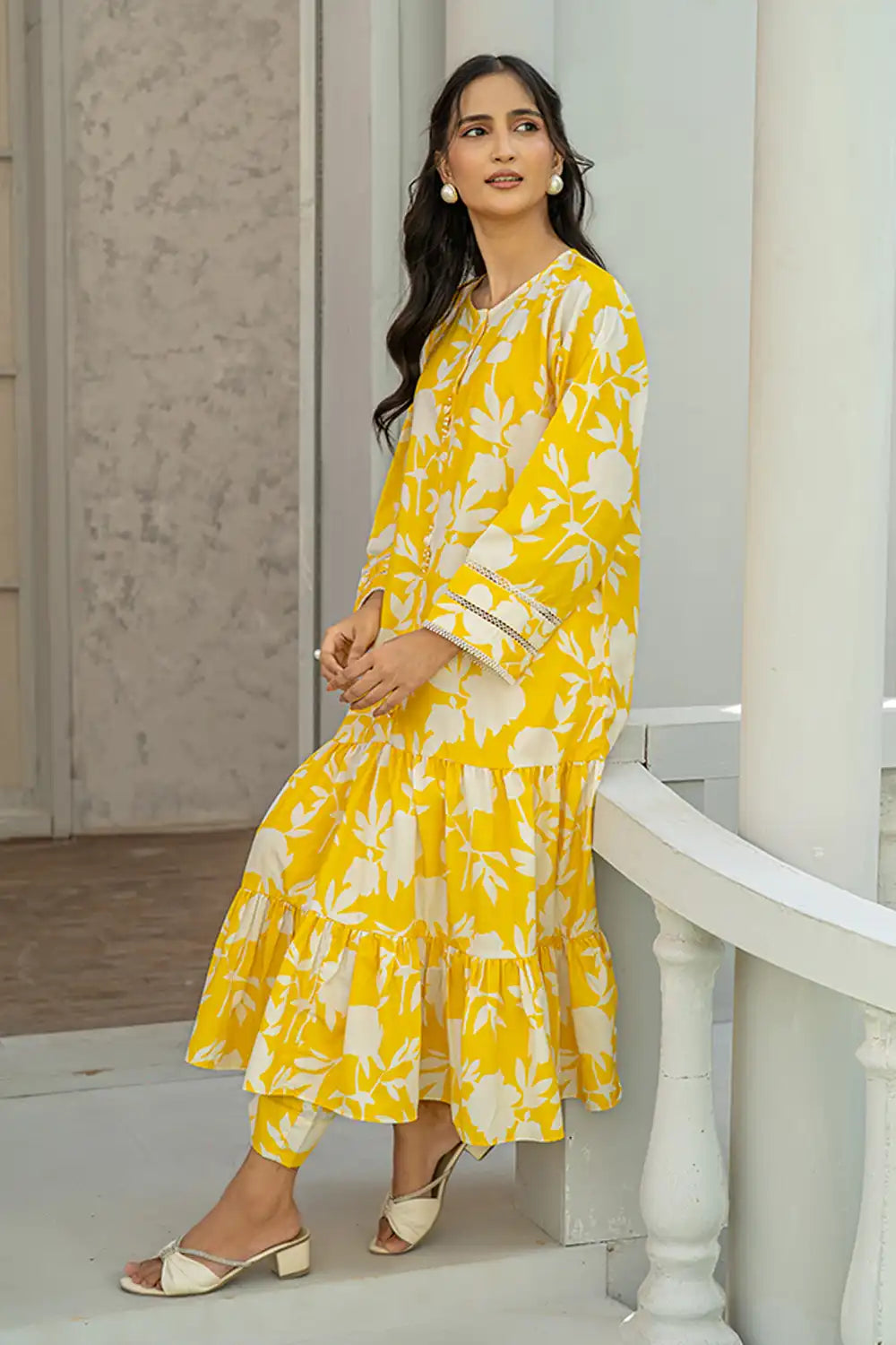 2 Piece Yellow Digital Printed Silk Maxi Elegant Outfit T-FRK-001
