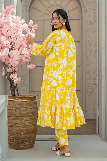 2 Piece Yellow Digital Printed Silk Maxi Elegant Outfit T-FRK-001