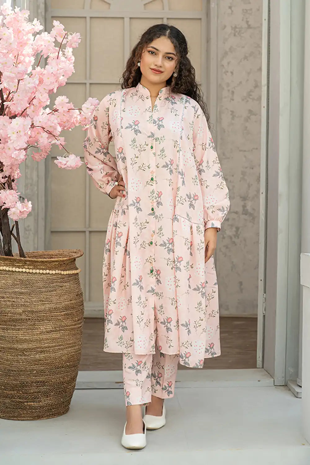 2 Piece Maxi Rose Pink Digital Printed Silk Maxi Dress T-FRK-005