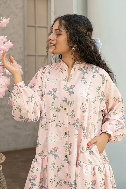 2 Piece Maxi Rose Pink Digital Printed Silk Maxi Dress T-FRK-005