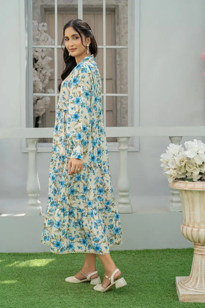 1 Piece Maxi Cream Floral Printed Dress Light Khaddar T-FRK-008
