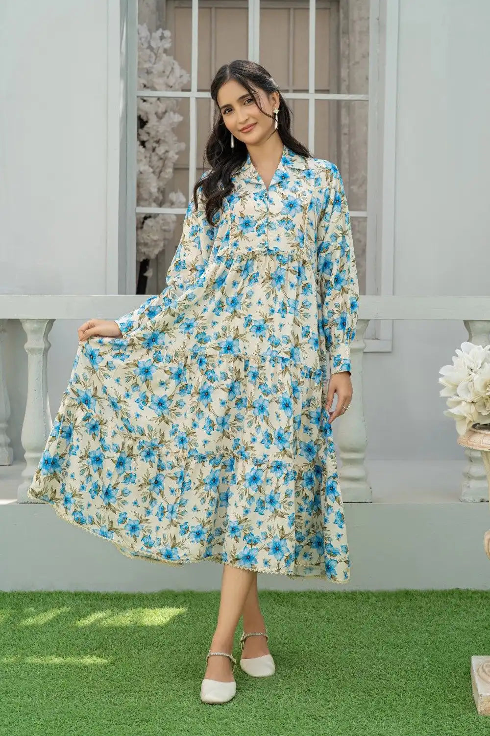 1 Piece Maxi Cream Floral Printed Dress Light Khaddar T-FRK-008