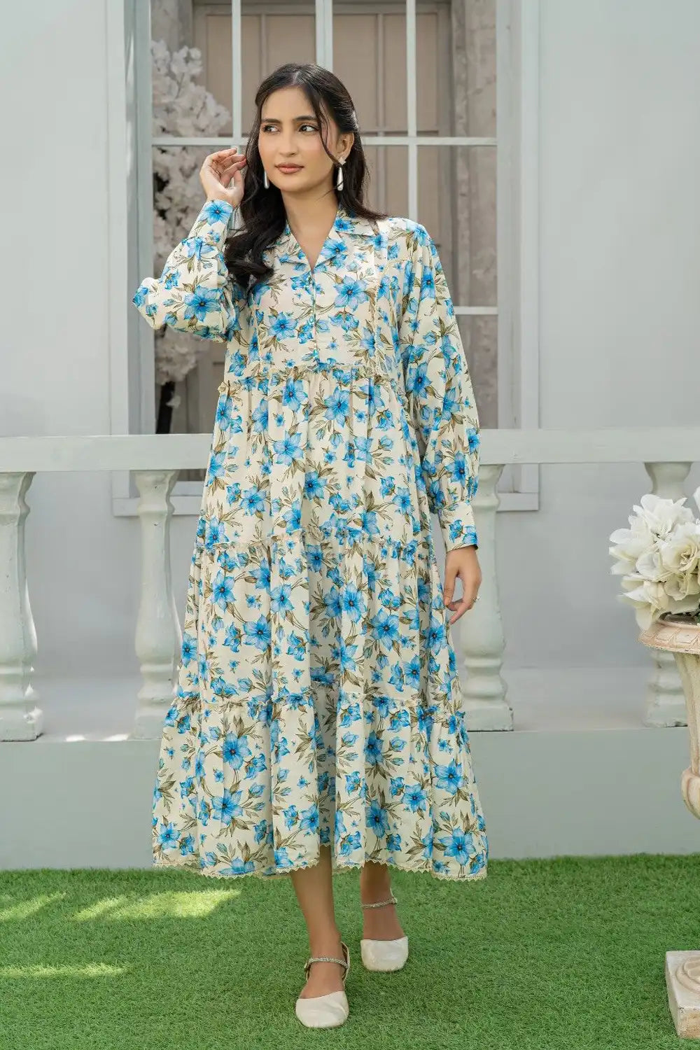 1 Piece Maxi Cream Floral Printed Dress Light Khaddar T-FRK-008
