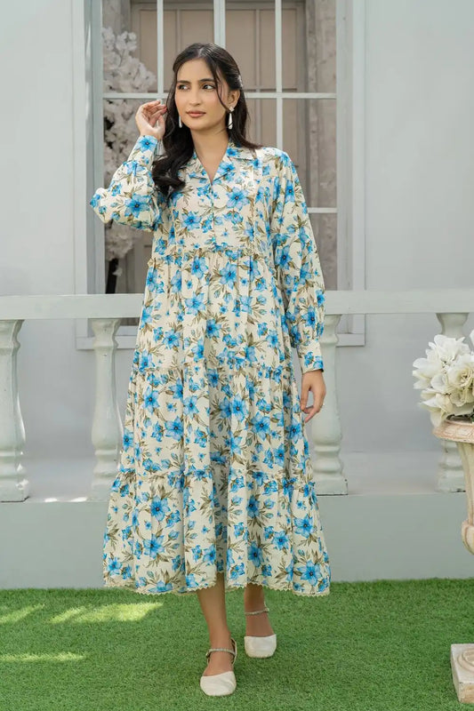 1 Piece Maxi Cream Floral Printed Dress Light Khaddar T-FRK-008