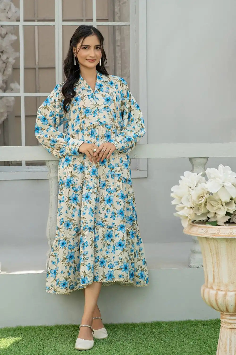 1 Piece Maxi Cream Floral Printed Dress Light Khaddar T-FRK-008