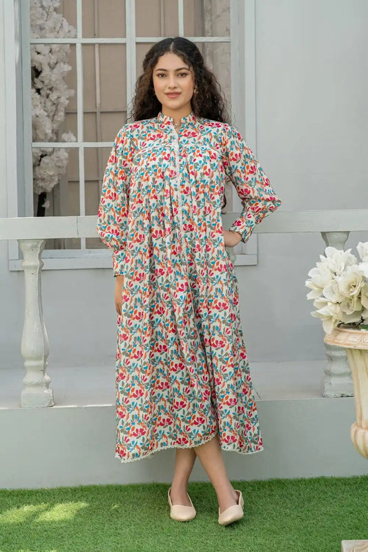 1 Piece Maxi Beige Printed Dress with Lace Detailing T-FRK-012