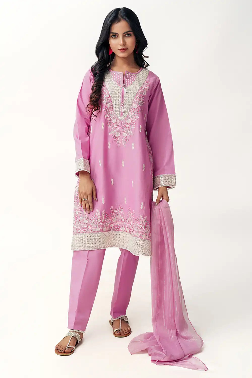 3 Piece Lilac Embroidered Dress & Chiffon Dupatta T-SFC-001
