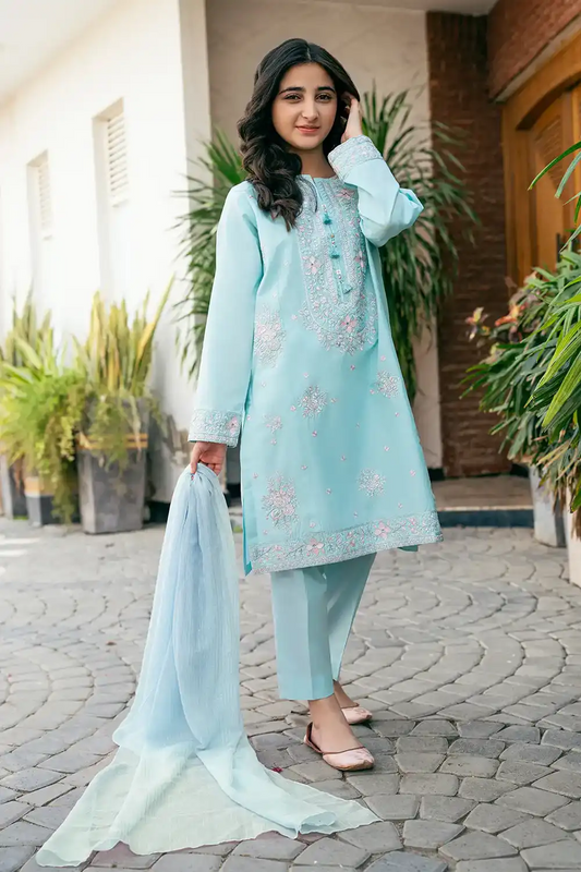 3 Piece Suit Embroidered Shirt with Trouser and Blue Chiffon Dupatta T-SFC-004