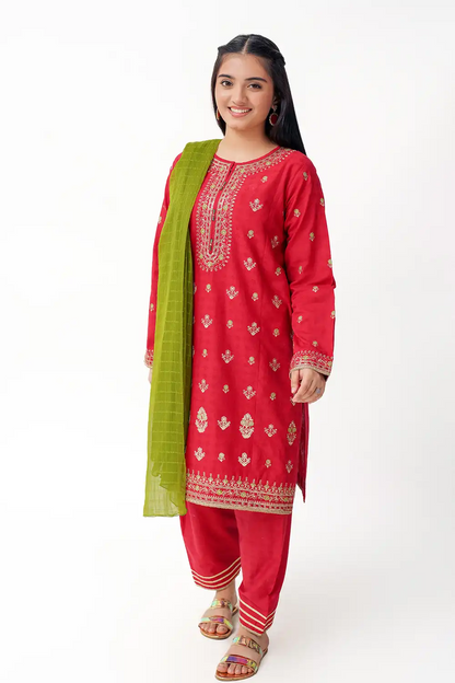 3 Piece Embroidered Suit Green Chiffon Dupatta T-SFC-025