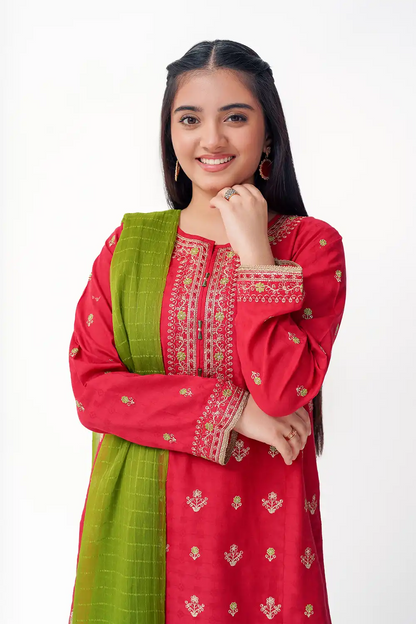 3 Piece Embroidered Suit Green Chiffon Dupatta T-SFC-025