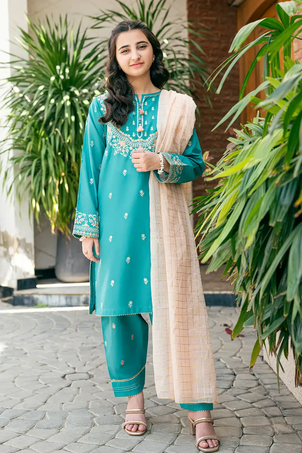 3 Piece Suit Tea-Pink Chiffon Dupatta Cotton Embroidered 3 Piece Suit T-SFC-027