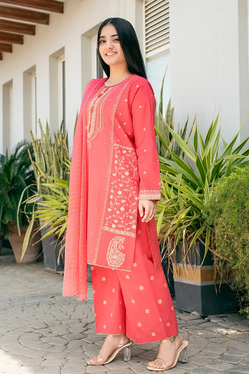 3 Piece Suit Red Embroidered Dress T-SFC-028