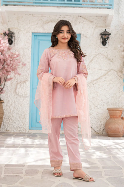 Soft Pink Embroidered Cotton Kurta Trouser Dupatta 3 Piece Set T-SFC-S26-006
