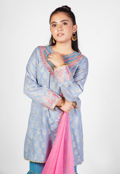 3 Piece Embroidered Suit with Table Print Garara & Dupatta FORT-008