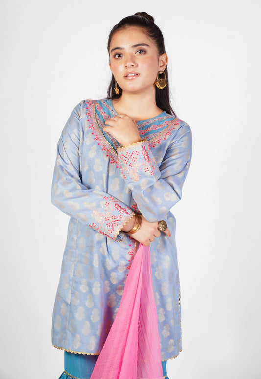3 Piece Embroidered Suit with Table Print Garara & Dupatta FORT-008