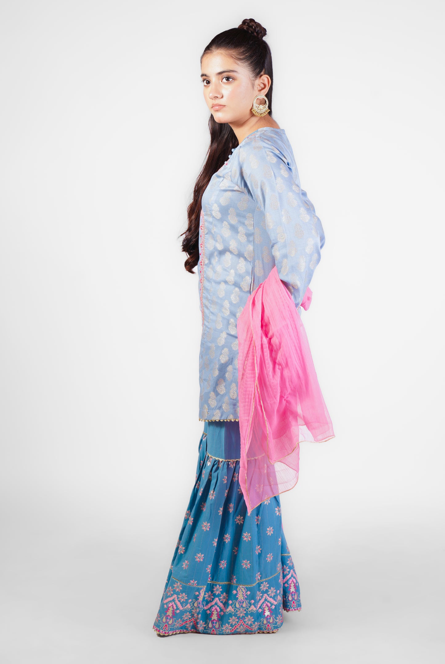 3 Piece Embroidered Suit with Table Print Garara & Dupatta FORT-008