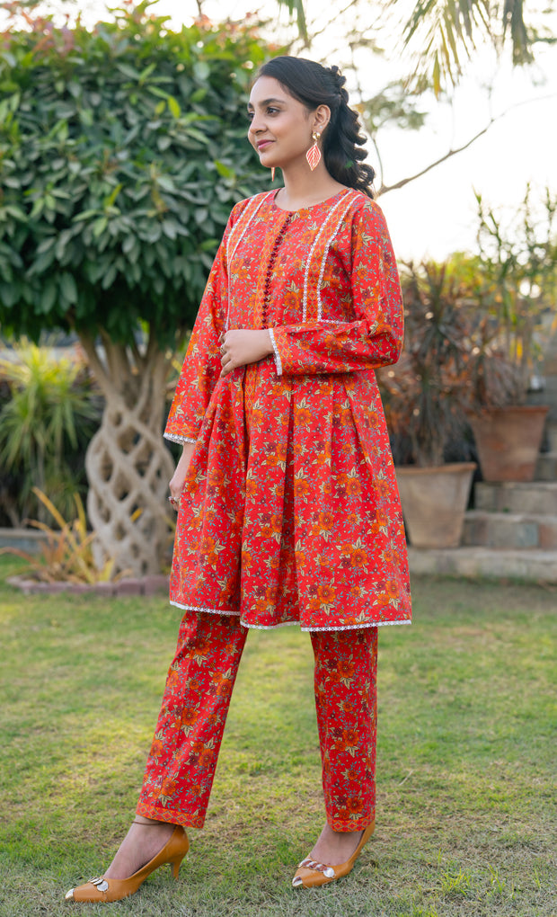 2 Piece Dress Table Print Frock with Straight Trouser T-ALPRTW-036