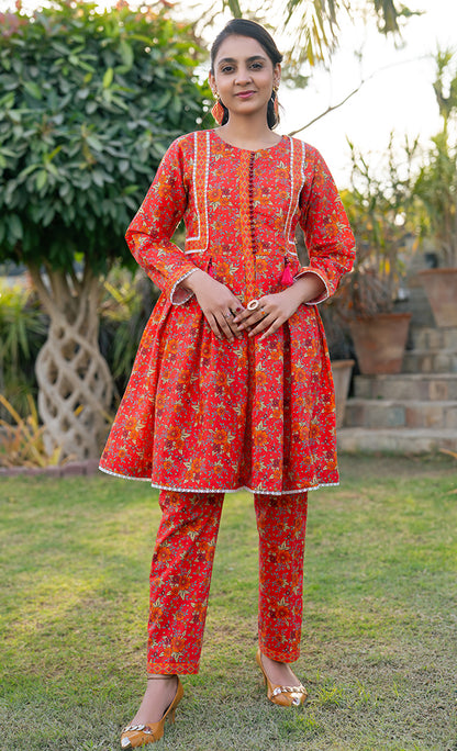 2 Piece Dress Table Print Frock with Straight Trouser T-ALPRTW-036
