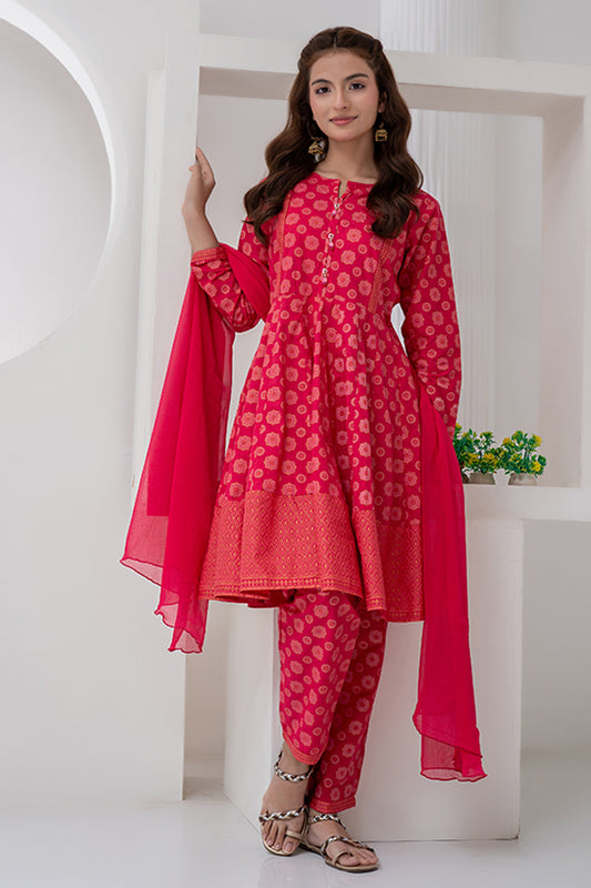 3 Piece Hot Pink Jacquard Eastern Phiswas  JK-PRT-012