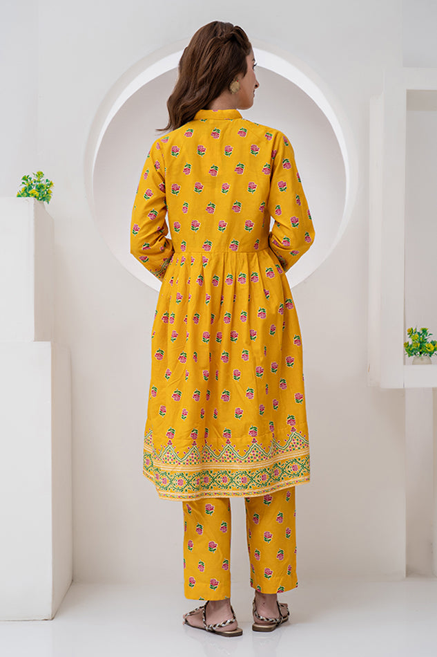 3 Piece Suit Jacquard Semi Frock with Collar Placket JK-PRT-010