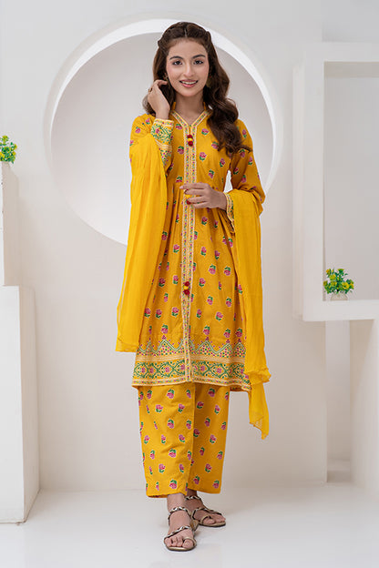 3 Piece Suit Jacquard Semi Frock with Collar Placket JK-PRT-010