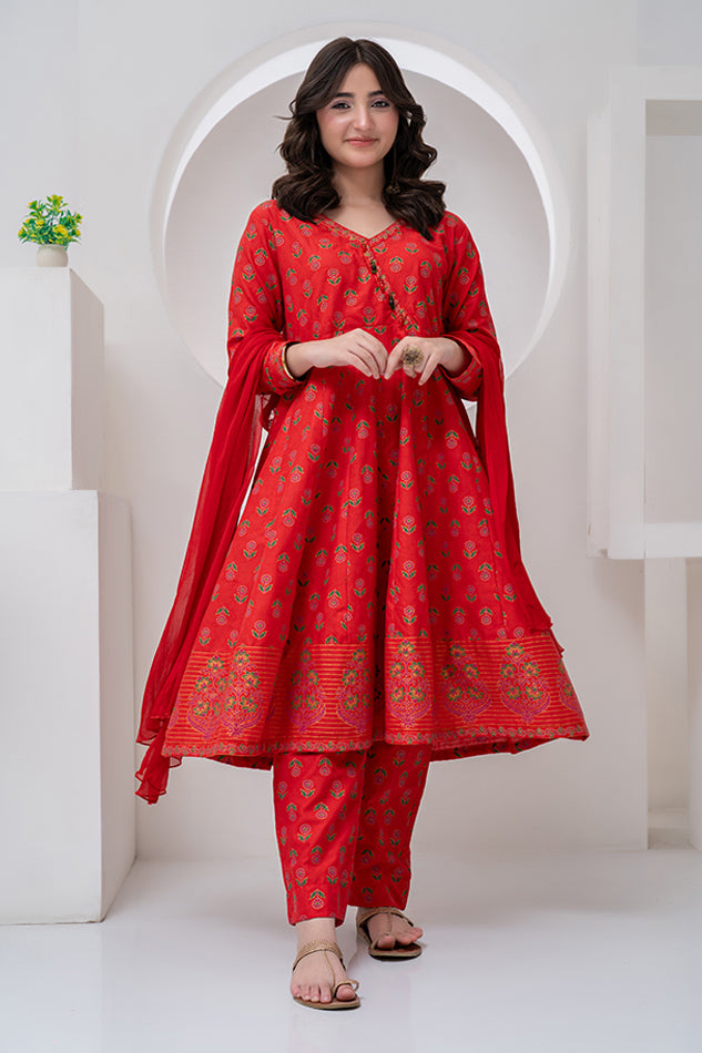 3 Piece Red Jacquard Angrakha Maxi Cut JK-PRT-011