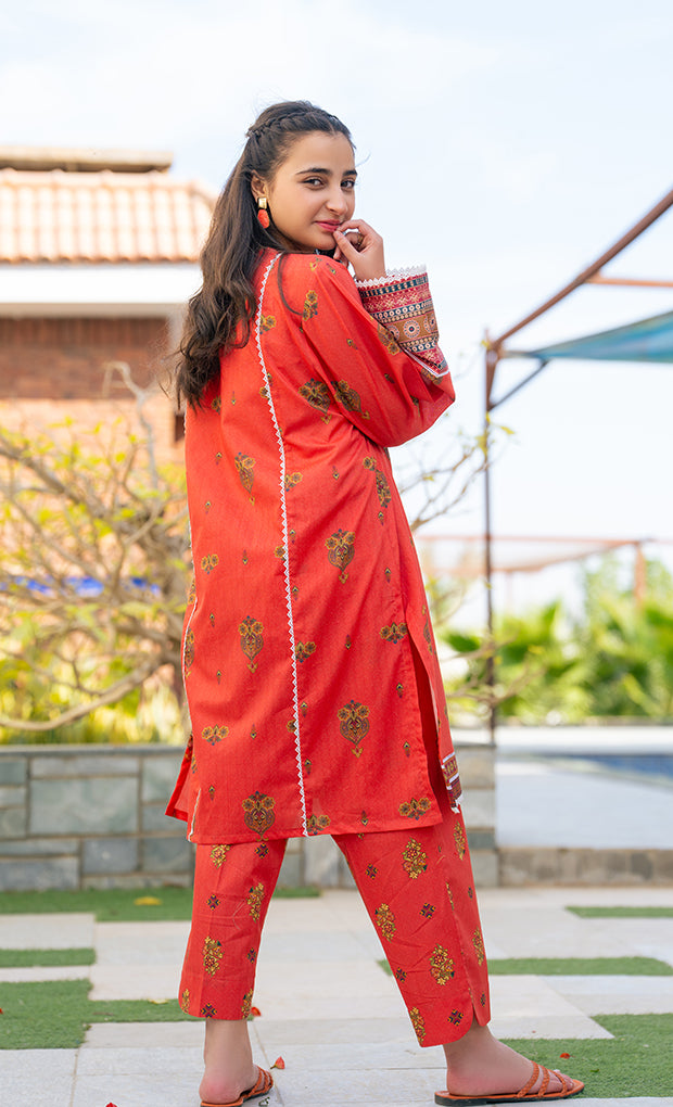 2 Piece Suit Lawn Dress Table Print Frock with Trouser T-ALPRTW-028