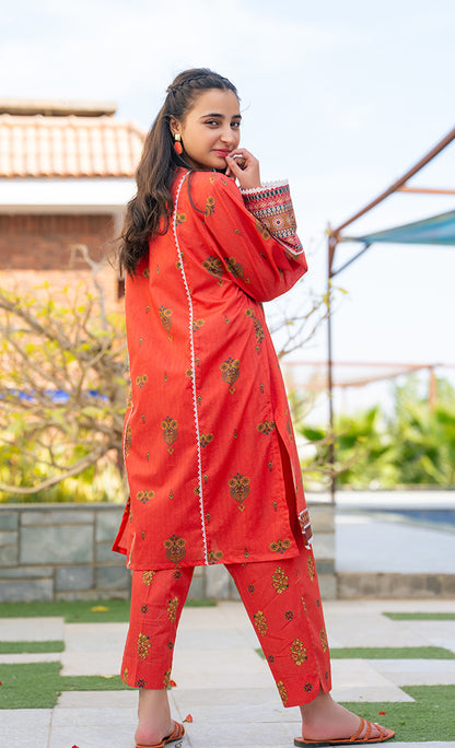 2 Piece Suit Lawn Dress Table Print Frock with Trouser T-ALPRTW-028