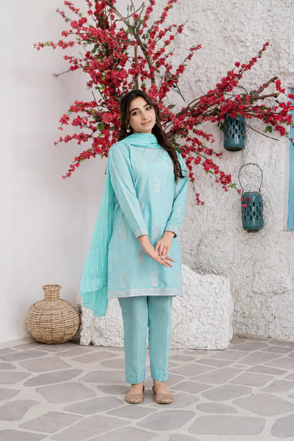 Aqua Blue Embroidered Cotton Shirt Straight Trouser 3 Piece Set T-SFC-S26-007