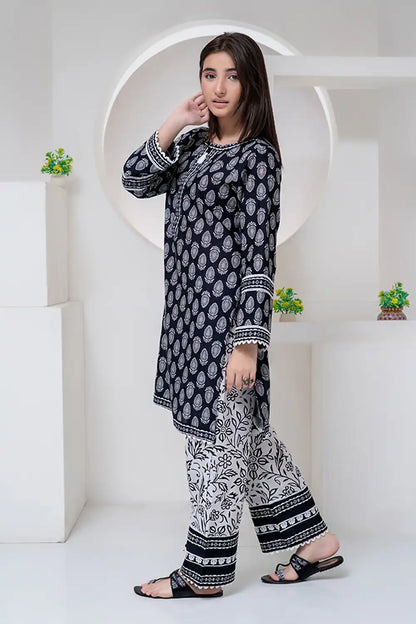 2 Piece Suit Black & White Lawn Printed Co-ords Set Cord-023