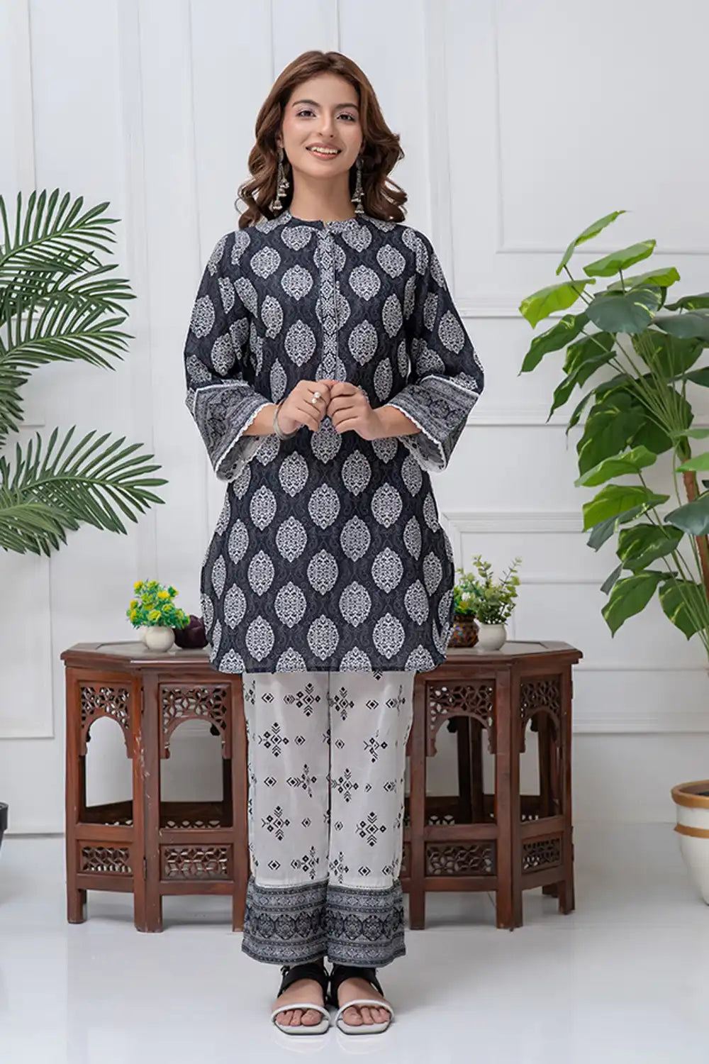 2 Piece Black & White Cambric Lawn Printed Co-ords Set Cord-024