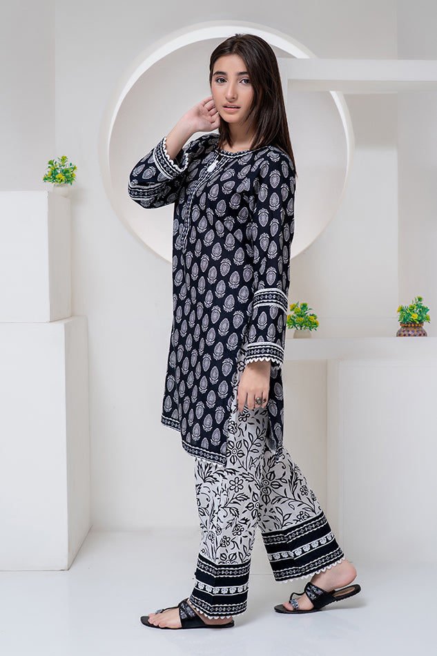 2 Piece Suit Black & White Lawn Printed Co-ords Set Cord-023