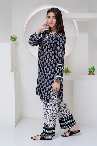 2 Piece Suit Black & White Lawn Printed Co-ords Set Cord-023
