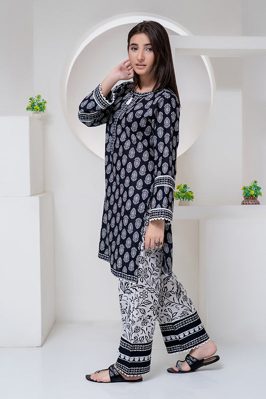 2 Piece Suit Black & White Lawn Printed Co-ords Set Cord-023