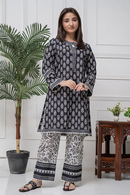 2 Piece Suit Black & White Lawn Printed Co-ords Set Cord-023