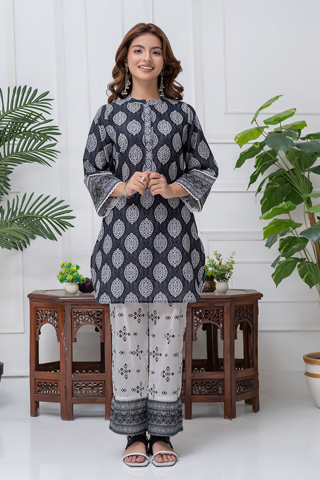 2 Piece Black & White Cambric Lawn Printed Co-ords Set Cord-024