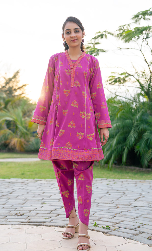 2 Piece Suit Lawn Table Print Frock with Tulip Trouser T-ALPRTW-061