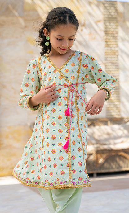 2 Piece Dress Table Print Angrakha Style Frock with Tulip K-SFC-019