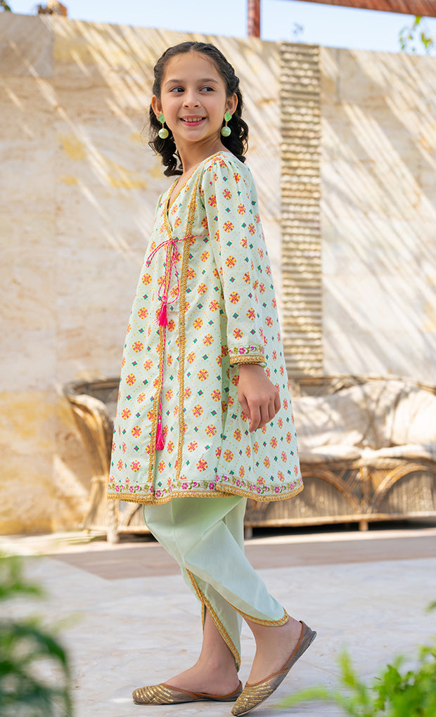 2 Piece Dress Table Print Angrakha Style Frock with Tulip K-SFC-019