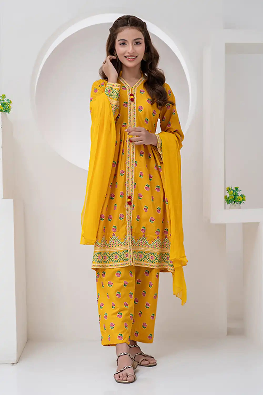 3 Piece Suit Jacquard Semi Frock with Collar Placket JK-PRT-010