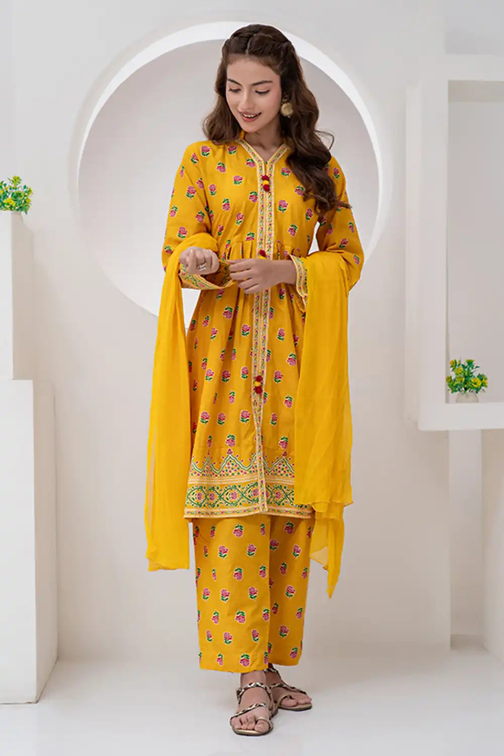 3 Piece Suit Jacquard Semi Frock with Collar Placket JK-PRT-010