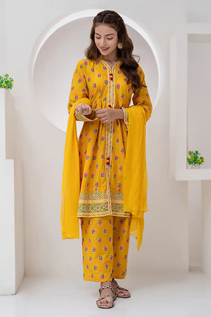 3 Piece Suit Jacquard Semi Frock with Collar Placket JK-PRT-010