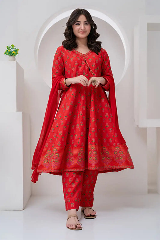3 Piece Red Jacquard Angrakha Maxi Cut JK-PRT-011