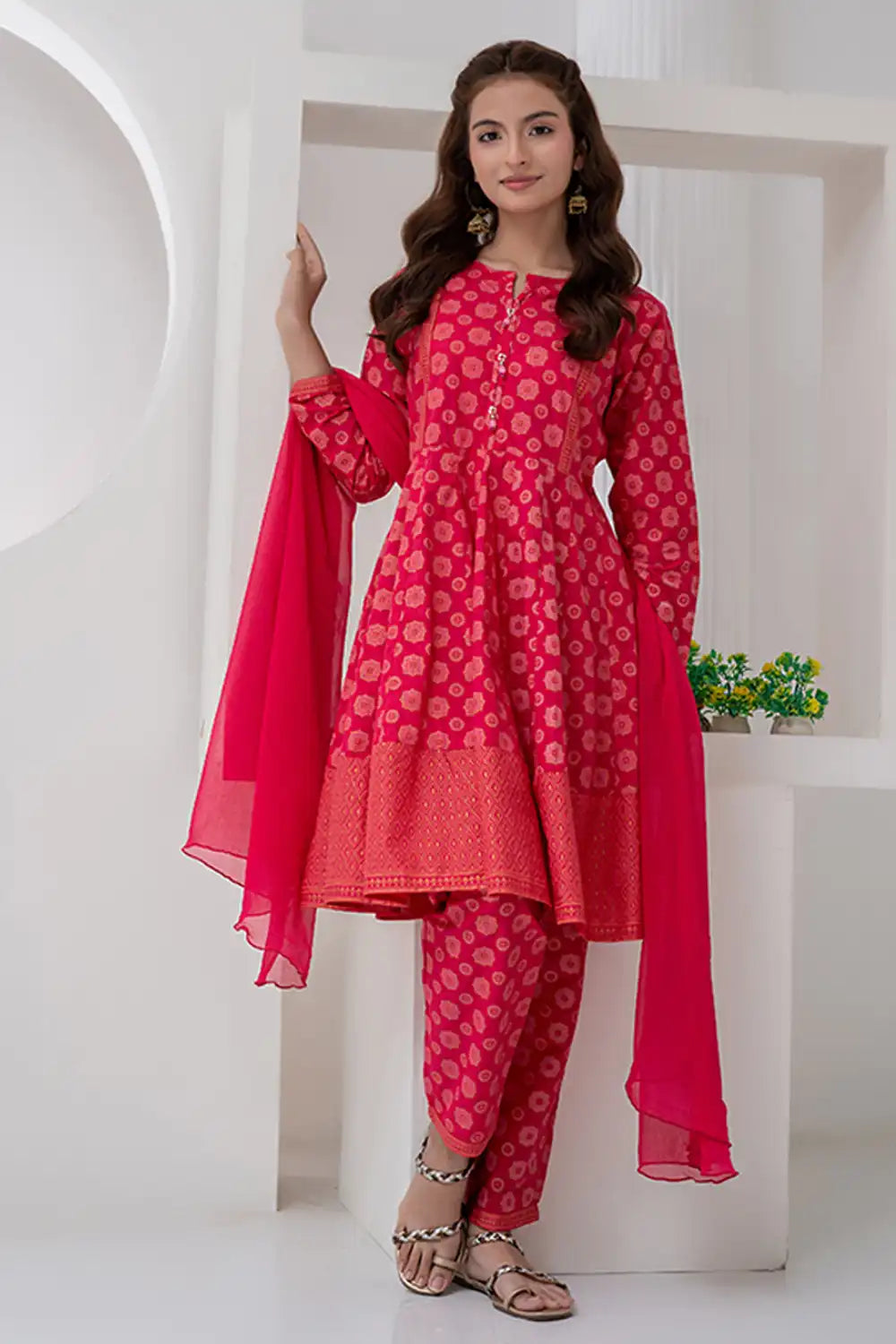3 Piece Hot Pink Jacquard Eastern Phiswas  JK-PRT-012